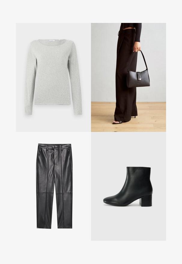 Hellgraues Langarmshirt aus weichem Stoff, mit Rundhalsausschnitt und lässiger Passform, sanfter Textur und ohne sichtbare Muster.; Schwarze Lederhosen mit glatter Textur, gerader Passform, zwei Fronttaschen und sichtbaren Nahtdetails.; Schwarze Leder-Ankle-Boots mit spitzem Zehenbereich und klobigem Absatz. Glatte Textur mit minimalen Akzenten und einem eleganten, taillierten Design.; Schwarze Handtasche mit strukturierter Form, glatter Textur und einem metallischen Verschluss. Kombiniert mit weiten schwarzen Hosen und offenen Sandalen auf einem Holzboden.