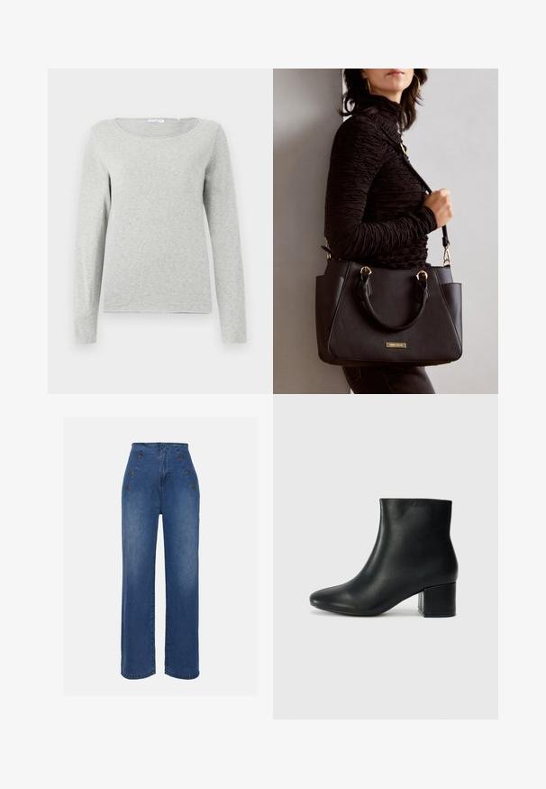 Lichtgrijze longsleeve shirt van zacht stof, met een ronde halslijn en een ontspannen pasvorm, met een gladde textuur en zonder zichtbare patronen.; Hoge taille denim jeans in medium blauw. Bevat knopen aan de voorkant en een wijde pijpontwerp. De stof heeft een gladde textuur met een lichte vervaging.; Zwarte leren enkellaarzen met een spitse neus en een chunky hak. Gladde textuur met minimale accenten en een slank, strakk ontwerp.; Zwarte handtas met gestructureerd oppervlak, dubbele bovenhandvatten en verstelbare schouderriem. Voorzien van goudkleurige hardware en zijzakken.