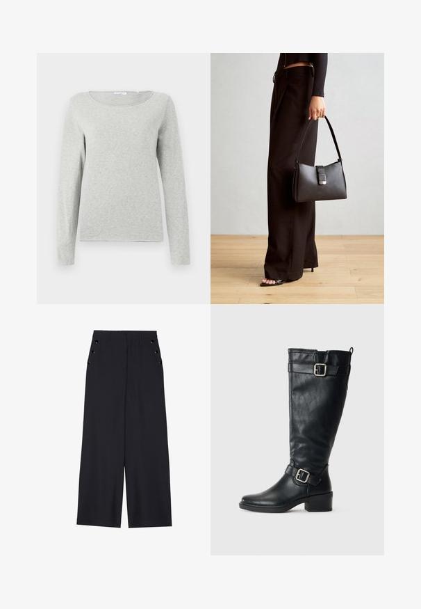 Svetlošedá košeľa s dlhým rukávom vyrobená z jemnej látky, s okrúhlym výstrihom a voľným strihom, s hladkou textúrou a bez viditeľných vzorov.; Široké nohavice z tmavomodrého materiálu s hladkou textúrou, prednými skladmi a ozdobnými zlatými očkami na bočných vreckách.; Vysoká čierna kožená čižma s nízkym opätkom, dekoratívnymi prackami pri členku a na vrchu a s úchytom vzadu.; Čierna kabelka so štruktúrovaným tvarom, hladkou textúrou a kovovou sponou. V kombinácii so širokými čiernymi nohavicami a sandálmi s otvorenou špičkou na drevenej podlahe.