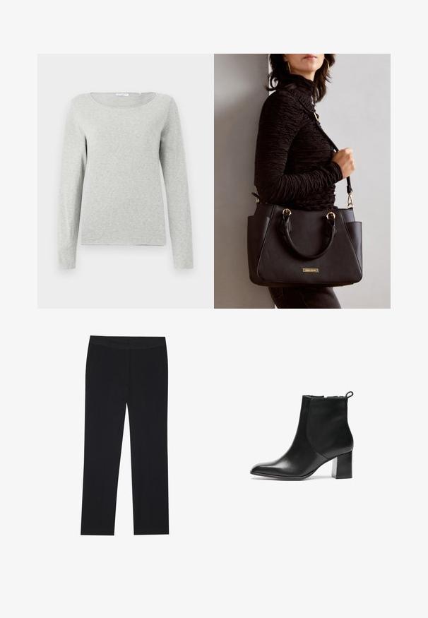 Light grey long-sleeve shirt made of soft fabric, featuring a round neckline and a relaxed fit, with a smooth texture and no visible patterns.; Black trousers with a straight leg design, featuring side pockets and a smooth fabric texture. Minimal detailing, clean waistband.; Black leather ankle boot with a rounded toe, a mid-height block heel, and a pull tab at the back. Smooth texture, minimal design.; Black handbag with textured surface, dual top handles, and adjustable shoulder strap. Features gold-tone hardware and side pockets.