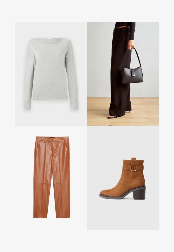 Vaaleanharmaa pitkähihainen paita, joka on valmistettu pehmeästä kankaasta. Paidassa on pyöreä kaulus ja rento istuvuus. Sen pinta on sileä eikä siinä ole näkyviä kuvioita.; Ruske jastučić hlače od umjetne kože s krojem, koje imaju prednje nabore i ravne nogavice. Glatka tekstura bez vidljivih metalnih dijelova ili ukrasa.; Ruske rantasaappaat, joissa on pyöreä varvas, vahva korko ja koristeellinen hihna, jossa on pyöreä solkiyksityiskohta.; Musta käsilaukku, jossa on rakenteellinen muoto, sileä pinta ja metallinen solki. Yhdistetty leveisiin mustiin housuihin ja avonaiheisiin sandaaleihin puulattialla.