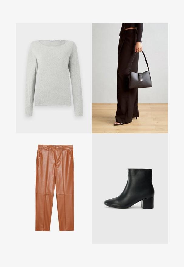 Svetlošedá košeľa s dlhým rukávom vyrobená z jemnej látky, s okrúhlym výstrihom a voľným strihom, s hladkou textúrou a bez viditeľných vzorov.; Hnedé nohavice z umelého kože s prispôsobeným strihom, s prednými záhybmi a rovnými nohavicami. Hladká textura bez viditeľných kovových prvkov alebo akcentov.; Čierne kožené členkové čižmy s špicatou špičkou a hrubým podpätkom. Hladká textúra s minimálnymi akcentmi a elegantným, priliehavým dizajnom.; Čierna kabelka so štruktúrovaným tvarom, hladkou textúrou a kovovou sponou. V kombinácii so širokými čiernymi nohavicami a sandálmi s otvorenou špičkou na drevenej podlahe.