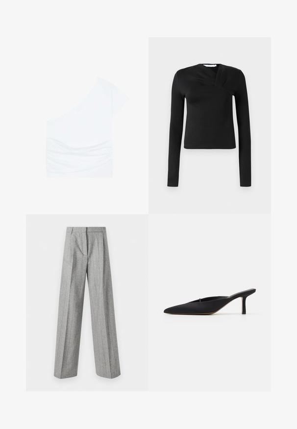 Asymmetrical white top with one short sleeve, gathered ruching on the left side, and smooth texture. Made from a lightweight fabric.; Black long-sleeve top with a wrap design, made of smooth fabric. Features a cropped length and a V-shaped neckline. No patterns or accents.; High-waist gray trousers with vertical pinstripes and wide straight legs, displayed against a white background.; Black pointed-toe mule with a sleek design, made of smooth fabric, featuring a slender heel and open back for easy wear.