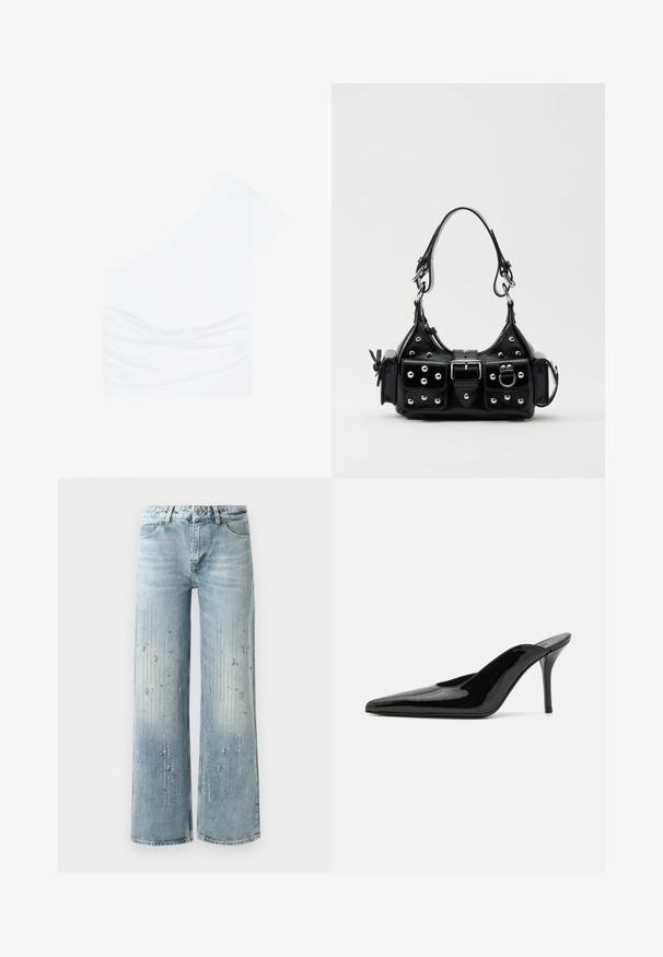 Asymmetrisches weißes Oberteil mit einem kurzen Ärmel, gerafftem Rüschendetail auf der linken Seite und glatter Textur. Hergestellt aus einem leichten Stoff.; Hellblaue weite Jeans aus Denim, ausgestattet mit einem Farbverlaufseffekt und Verzierungen aus silbernen Strasssteinen in vertikalem Muster.; Schwarze Lackleder-Pumps mit hohen Absätzen, spitzer Zehenform und schlanker Silhouette, mit offenem Rücken und schlankem Stiletto-Absatz.; Schwarze Lederhandtasche mit einem geschwungenen Design, verziert mit silbernen Nieten, einer Schnalle und zwei seitlichen Taschen. Verstellbarer Träger für verschiedene Tragemöglichkeiten.