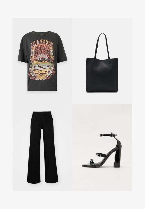 Sort bomulds t-shirt med et farverigt grafisk print med sol, bjerge og blomster. Løs pasform med korte ærmer og rund hals.; Sorte bukser med bred benvidde lavet af denim, med en struktureret talje, bæltesløjfer og forlommer. Glat tekstur med et klassisk design.; Sorte patenterede hælsandaler med firkantet tå, ankelremme og sølvspænder. Har en chunky blokHæl for stabilitet.; Sort læder tote taske med glat tekstur, rektangulær form og to lange hanke. Ingen synlig hardware eller udsmykninger.