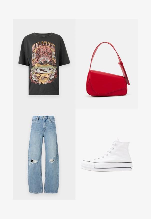 Schwarzes Baumwoll-T-Shirt mit buntem Grafikdruck von Sonne, Bergen und Blumen. Lockere Passform mit kurzen Ärmeln und Rundhalsausschnitt.; Helles, hochtailliertes Jeans aus Denim. Hat weit geschnittene Beine, zwei aufgerissene Kniebereiche und klassischen Fünf-Taschen-Stil.; Weiße hochwertige Leinensneaker mit schwarzer Gummisohle, vorderem Gummizehenschutz und sechs Ösen für Schnürsenkel, die ein sauberes, minimalistisches Design aufweisen.; Rote Lederhandtasche mit einem kantigen, geometrischen Design. Verfügt über einen verstellbaren Schulterriemen und einen Klappenverschluss mit genähten Details.