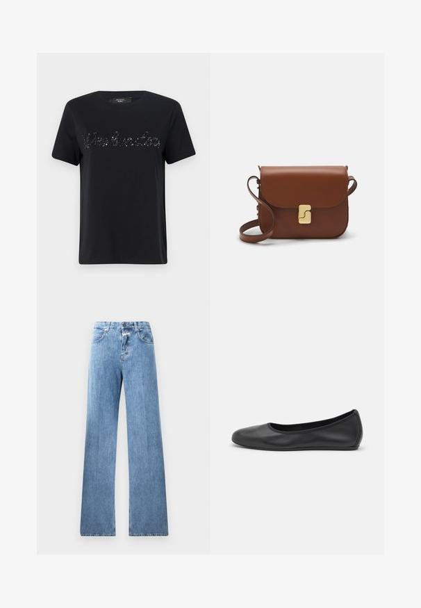 Black cotton t-shirt featuring short sleeves and a crew neckline. The front has a sequined "Weekend" text detail in a cursive font.; Light blue denim jeans with a wide-leg design, five pockets, belt loops, and a button closure. The fabric has a smooth texture.; Black leather ballet flat with a rounded toe, smooth texture, minimal stitching detail, and a flexible sole design.; Brown leather handbag with a flap closure, gold-tone hardware, a shoulder strap, and a smooth texture. Compact rectangular shape.
