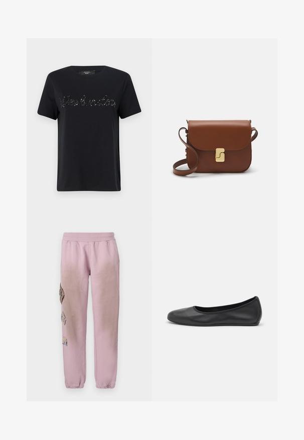 Zwarte katoenen t-shirt met korte mouwen en een ronde halslijn. De voorkant heeft een met pailletten versierde tekst "Weekend" in een cursieve lettertype.; Roze sweatpants met een elastische tailleband, voorzien van decoratieve patches in ruitvorm aan de linkerkant en elastische boorden bij de enkel.; Zwarte leren ballerina met een ronde neus, gladde textuur, minimale stikdetails en een flexibele zoolontwerp.; Bruine leren handtas met een klep sluiting, gouden hardware, een schouderband en een gladde textuur. Compact rechthoekige vorm.