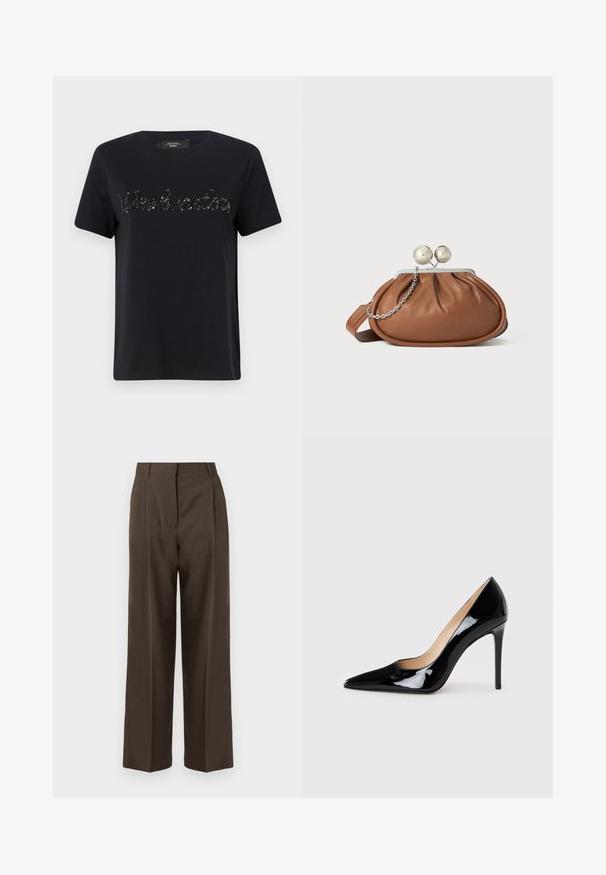 Črna bombažna majica s kratkimi rokavi in krožnim izrezom. Spredaj ima detajl z napisem "Weekend" iz bleščic v kurzivnem fontu.; Rjave široke hlače z gladko teksturo, ki imajo visok pas, sprednje gube in kroj po meri. Brez vidnih žepov ali okrasnih elementov.; Črne patent usnjene visoke pete s koničastim dizajnom in elegantno silhueto. Imajo gladko, sijočo površino in ozko stiletto peto.; Rjava usnjena torbica z srebrnim krogličnim zapiranjem in majhno srebrno verigo na beli podlagi.