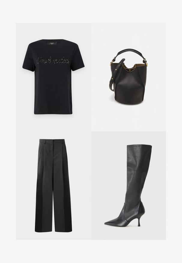 Camiseta de algodón negra con mangas cortas y cuello redondo. La parte delantera presenta un detalle de texto "Weekend" en lentejuelas, con una tipografía en cursiva.; Pantalones de pierna ancha negros con cintura alta, que presentan pliegues en la parte delantera, una textura suave y un acabado a medida. Diseñados para un ajuste relajado.; Botas de cuero negro hasta la rodilla con punta afilada y tacón de aguja delgado. Textura suave con un diseño ajustado y costuras en el borde superior.; Bolso de cubo negro de cuero con un acabado texturizado, acentos de hardware dorado y parte superior abierta. Cuenta con un asa corta y una correa de hombro ajustable.