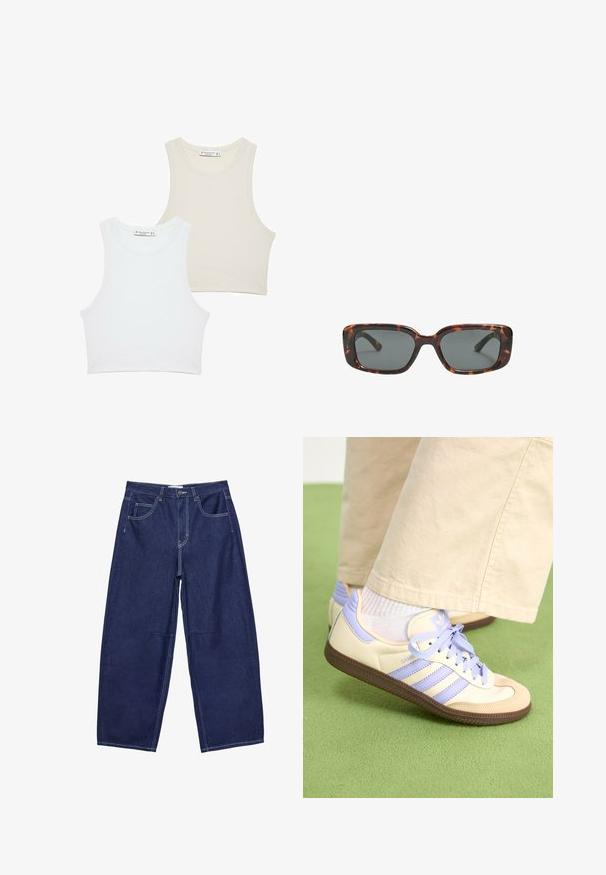 Dwa prążkowane topy w kroplach, jeden w kolorze białym, a drugi w jasnym beżu, z szerokimi armholes i okrągłym dekoltem. Oba mają prosty krój.; Granatowe dżinsowe spodnie z szerokimi nogawkami i wysokim stanem, pięć kieszeni oraz kontrastowe białe szwy. Gładka faktura, klasyczny design.; Kremowe i lawendowe trampki z trzema paskami oraz teksturowaną brązową podeszwą, wyposażone w sznurówki i wyścieloną piętę. Górna część z miękkiego materiału.; Okulary przeciwsłoneczne w kratkę w kształcie prostokątnym, z grubymi oprawkami i ciemnymi szkłami. Gładka faktura i minimalistyczny design.