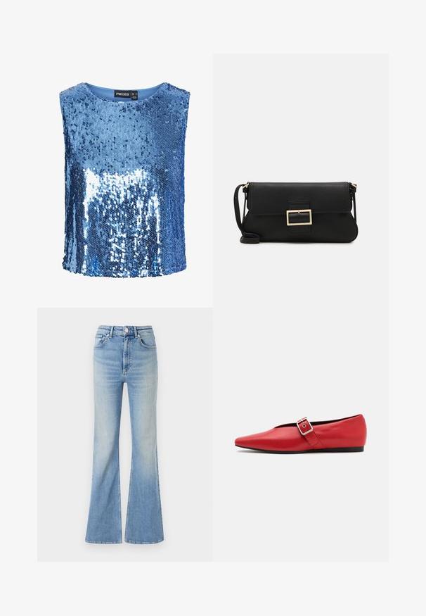 Blue sequin top featuring a round neckline, sleeveless design, and a smooth inner lining. Sequins create a reflective, textured surface.; Light blue flared jeans made of denim, featuring a high waist, five-pocket design, and subtle gradient fading towards the hem.; Red leather flat shoe with a pointed toe, featuring a side strap with a metal buckle and a low black heel. Smooth texture throughout.; Black leather clutch bag with a flap and a gold metal buckle detail. Includes a black strap and a sleek, minimalist design.; Silver hoop earrings with a minimalist design. Circular shape, smooth texture, and thin profile. Lightweight with a polished finish.