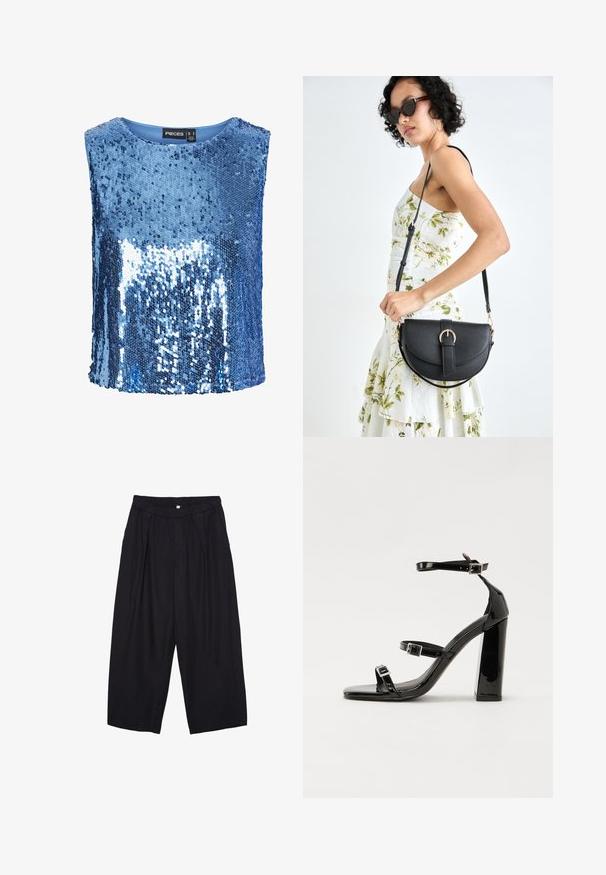 Niebieski top z cekinami, posiadający okrągły dekolt, bez rękawów oraz gładką podszewkę. Cekiny tworzą odbijającą, teksturowaną powierzchnię.; Czarne spodnie culotte z poliestru z elastycznym pasem, dwoma fałdami z przodu i luźnym krojem. Brak widocznych wzorów lub elementów metalowych.; Czarne lakierowane sandały na obcasie z kwadratowym noskiem, z paskami wokół kostki i srebrnymi klamrami. Posiadają masywny słupek dla stabilności.; Czarna skórzana torebka o zakrzywionym kształcie, z odpinanym paskiem i złotymi akcentami. Torebka posiada klapę z zapięciem w kształcie klamry.