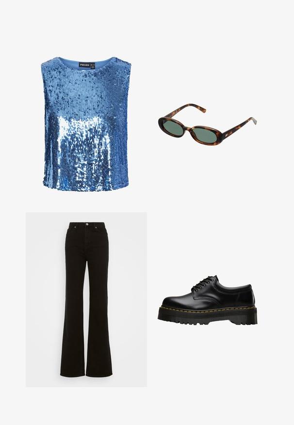 Niebieski top z cekinami, posiadający okrągły dekolt, bez rękawów oraz gładką podszewkę. Cekiny tworzą odbijającą, teksturowaną powierzchnię.; Czarne dżinsy z wysokim stanem i rozszerzanymi nogawkami, wykonane z denimu, z zapięciem na guzik, bocznymi kieszeniami oraz gładką fakturą.; Czarne skórzane buty sznurowane z grubą, ząbkowaną czarną gumową podeszwą i żółtym przeszyciem wzdłuż krawędzi, charakteryzujące się gładkim wykończeniem.; Okulary przeciwsłoneczne w kolorze tortoise z owalnymi oprawkami i zielonymi soczewkami. Posiadają cienkie zauszniki z metalowym akcentem przy zawiasach.