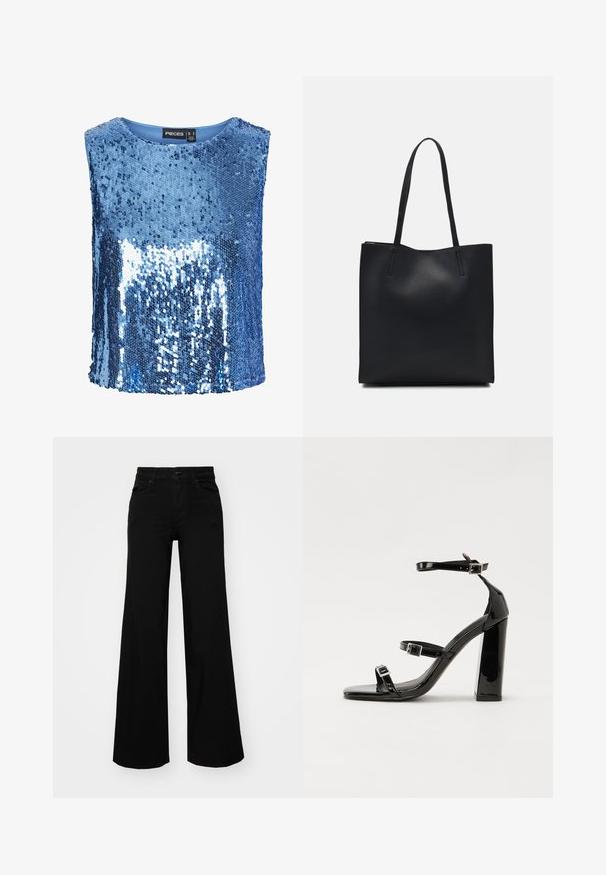 Top blu in paillettes con scollatura rotonda, design senza maniche e una fodera interna liscia. Le paillettes creano una superficie riflettente e testurizzata.; Pantaloni neri a gamba larga in denim, con una vita strutturata, passanti per la cintura e tasche frontali. Texture liscia con un design classico.; Sandali con tacco in vernice nera, con punta squadrata, cinturini alla caviglia e fibbie in argento. Presentano un tacco a blocco spesso per maggiore stabilità.; Borsa tote in pelle nera con texture liscia, forma rettangolare e due manici lunghi. Nessun hardware o decorazione visibile.