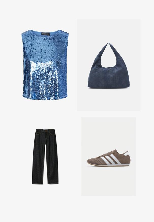 Blouse van blauwe pailletten met een ronde halslijn, mouwloos ontwerp en een gladde binnenvoering. Pailletten creëren een reflecterend, textuurvol oppervlak.; Donkerdenim jeans met een rechte snit, messing knoopsluiting en contrasterende gele stiksels. Beschikt over vijf zakken en een klassieke pasvorm.; Bruine suède sportschoen met witte strepen, ronde neus, vetersluiting en gumrubberen zool. Gestructureerde bovenkant met stikseldetails.; Donkerblauwe denim tas met een zachte, slungelige vorm, voorzien van een hobo-stijl handvat en een gestructureerd oppervlak. Geen zichtbare hardwareaccenten.