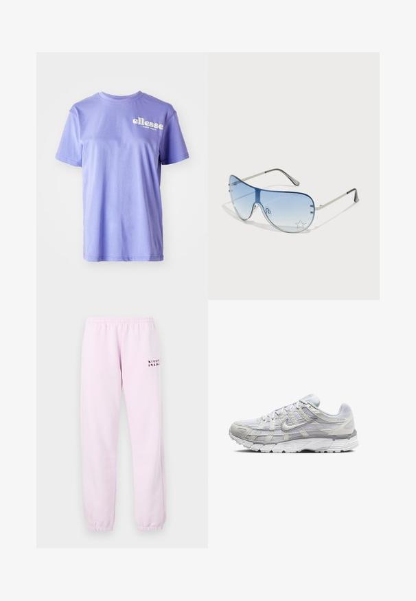 Tricou din bumbac de culoare purpurie, cu decolteu rotund, mâneci scurte și textul alb "ellesse" imprimat pe față. Textură netedă.; Pantaloni de trening roz cu talie elastică, glezne strâmte și un mic logo imprimat pe partea din față. Textură de țesătură netedă, stil casual.; Pantofi sport gri deschis, cu un superior din plasă și material sintetic, dotate cu o închidere cu șireturi, guler îmbrăcat și talpă texturată pentru aderență.; Ochelari de soare aviator cu lentilă gradient albastră, ramă metalică argintie și accente decorative sub formă de stele pe lentilă. Design neted și elegant.
