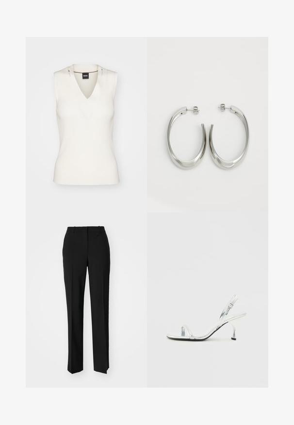 Bez rękawów, biały prążkowany top z dekoltem w serek i kontrastowym wewnętrznym wykończeniem, podkreślający prosty i dopasowany krój.; Czarne spodnie o dopasowanym kroju z prostymi nogawkami, o gładkiej fakturze i wyraźnych zagięciach z przodu. Bez widocznych elementów metalowych.; Srebrne lakierowane sandały na wysokim obcasie typu slingback z wąskim paskiem na palcach, regulowanym zapięciem i smukłym obcasem.; Srebrne kolczyki-hoop o gładkim, zakrzywionym designie. Posiadają błyszczące metaliczne wykończenie i zapięcie na sztyft. Brak widocznych wzorów lub akcentów.