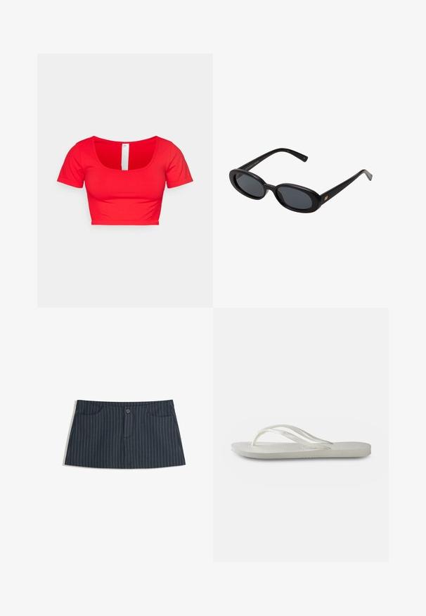 Rdeča skrajšana majica s kratkimi rokavi, z okroglim izrezom in gladkim, elastičnim materialom. Preprost dizajn brez vzorcev ali okrasitev.; Mornarsko modra mini krila s prugicami, z sprednjimi žepi in enim gumbom za zapiranje na pasu.; Bela natikača s teksturirano podplatom, koja ima tanke trakice i ravni dizajn. Napravljena od gume s suptilnim logotipom na ulošku.; Črne oversize sončne očala z ovalnimi lečami, gladkim plastičnim okvirjem in zlatenimi detajli na templjih. Temne leče zagotavljajo zaščito pred soncem.; Črna usnjena ročna torba z detajli fringa, zlatim verigo za rame in izrezanim ročajem. Na sprednji strani je nameščen logotip.; Zlata verižica z okrasnimi kamni, ki se izmenično pojavljajo v svetlo zeleni, rožnati in prozorni barvi. Vsak kamen je nastavljen v okrogli ali obročast nastavek.