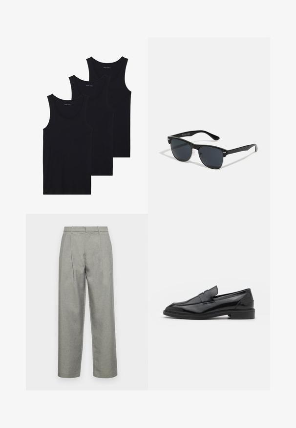 Three black cotton tank tops with a ribbed texture, featuring a round neckline and no sleeves, stacked neatly.; Gray tailored trousers made of textured fabric, featuring a straight-leg design, front pleats, and a standard waistband with belt loops.; Black leather loafers with a smooth finish, featuring a rounded toe and a narrow band across the upper. Low stacked heel.; Black sunglasses with a rectangular shape, dark lenses, silver accents at the temples, and a matte finish on the frame.
