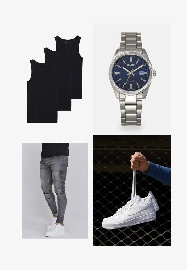 Tri crna pamučna majica bez rukava s rebrastom teksturom, okruglim izrezom, uredno složene.; Uske mršave traperice u izblijedjelom sivoj boji, s iznošenim detaljima na koljenima, uparenim s bijelim tenisicama. Glatka tekstura, dizajn prilagođen tijelu.; Bijele kožne tenisice s perforacijama, okruglim vrhom, ravnim potplatom i debelim vezicama, s vidljivim swoosh logom i natpisom "AIR" na peti.; Srebrni sat od nehrđajućeg čelika s tamnoplavim brojčanikom, metalnim oznakama sati i prozorom za datum na 3 sata. Vodootporan do 50 metara.