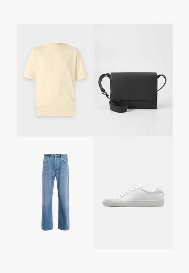Light yellow cotton t-shirt with a round neckline and short sleeves. Features a subtle, printed logo on the left chest.; Light blue denim jeans with a straight-leg design, five pockets, button closure, minimal fading, and contrasting stitching details.; White sneaker with a smooth leather upper and a low profile. Features a rounded toe, six eyelets, and a textured rubber sole.; Black leather crossbody bag with a textured finish, rectangular shape, flap closure, adjustable strap, and subtle logo detail.
