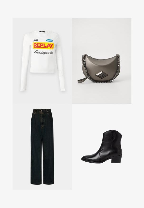 Balta garā piedurkņu krekls ar izteiksmīgu sarkano "REPLAY" tekstu uz dzeltena fona, mazāku "381" skaitli, zilu "Replay" logotipu un itāļu stilā rakstītu "Laundryworks" tekstu.; Augstas jostas platmalu tumši zila denima džinsi ar priekšējo pogu un rāvējslēdzēju, jostu cilpiņām un priekšējiem kabatām.; Melni ādas potītes zābaki ar norādītu purngali, izliektiem sānu šuvēm un zemu bloku papēdi. Iekļaujot rāvējslēdzēja aizdari un gludu tekstūru.; Metāliska pelēka pleca soma ar pusmēness formu, ar ķēdes siksnu un dimanta logotipa uzšuvumu. Gluda virsma un rāvējslēdzēja aizdare.