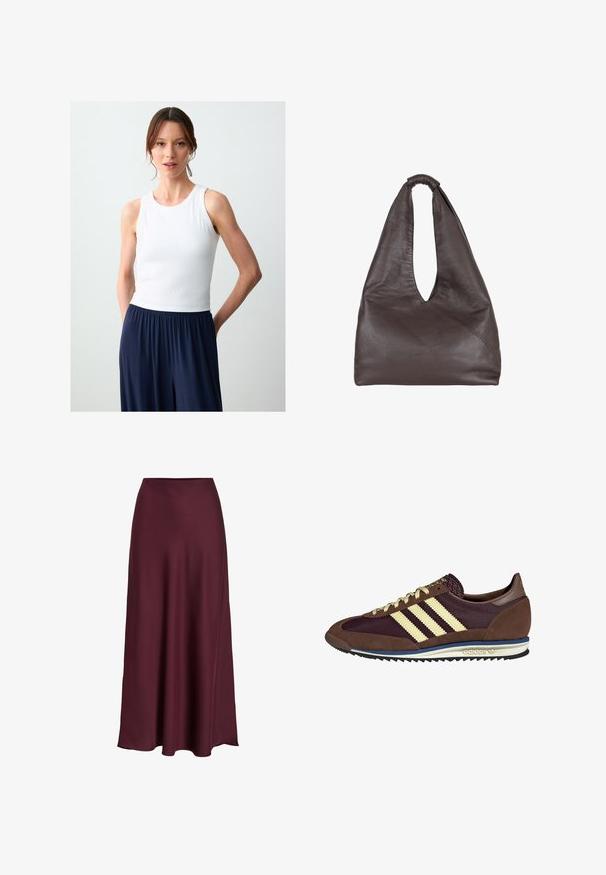 Top in cotone bianco a coste con scollatura rotonda, abbinato a pantaloni larghi blu navy. Il tessuto in misto cotone ha una consistenza morbida.; Gonna maxi in satin bordeaux con una texture liscia, vita alta e una silhouette fluida che si allarga delicatamente verso l'orlo.; Sneaker marrone e bordeaux realizzato in materiali scamosciati e in rete, caratterizzato da tre strisce color crema, tessuto testurizzato sulla linguetta e suola in gomma.; Borsa in pelle marrone con un design morbido e oversize. Presenta un manico ad anello e un'apertura a V profonda per un accesso facile. Texture morbida, stile minimalista.