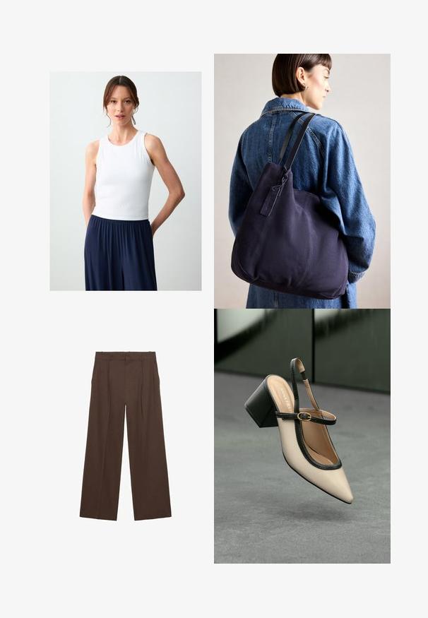 Witte geribbelde tanktop met een ronde halslijn, gecombineerd met losse marineblauwe broeken. De stof van de katoenmix heeft een zachte textuur.; Bruine wijde broek gemaakt van een gladde stof, met een hoge taille, voorplooien en twee zijzakken.; Beige puntige slingback schoen met zwarte rand, gouden gesp en een chunky blokhak op een grijze vloer met een donker groene achtergrond.; Marine canvas schoudertas met een zachte, gestructureerde vorm, voorzien van een zwarte strap, gestikte details en een klein merketiket.