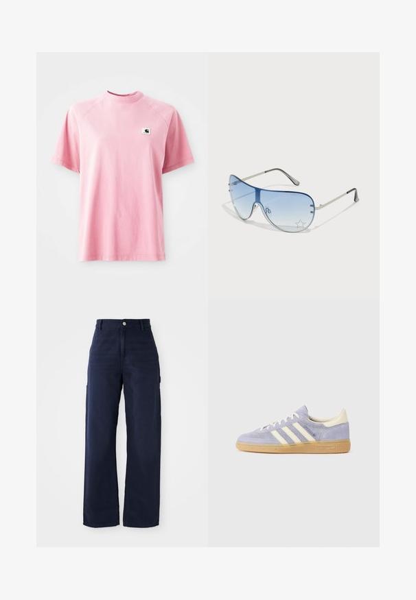 T-shirt de algodão rosa com decote redondo e mangas curtas. Apresenta um pequeno patch de logótipo em forma de quadrado na área do peito esquerdo. Textura suave.; Calças de cargo largas em azul-marinho, feitas de um tecido de algodão resistente, com bolsos laterais e um fecho de botão na cintura.; Sneaker de camurça roxa com três riscas brancas, sola de borracha goma e detalhes em creme no calcanhar e na língua. Design minimalista com detalhe do logótipo.; Óculos de sol aviador com lentes azuis em degradê, armação metálica prateada e detalhes decorativos de estrelas nas lentes. Design suave e elegante.