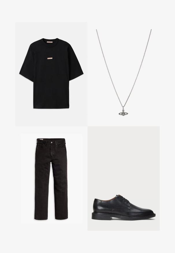 Černé tričko s krátkým rukávem vyrobené z bavlny. Má kulatý výstřih a malou nášivku s logem na hrudi s červeným písmem. Minimalistický design.; Černé džíny rovného střihu s pěti kapsami, zapínáním na knoflík a poutky na opasek, položené na bílém pozadí.; Černé kožené společenské boty s kulatou špičkou, šněrováním a nízkým podpatkem. Hladký povrch s minimálním šitím.; Stříbrný řetízek s detailním přívěskem ve tvaru planety, zdobený malými akcenty a složitými vzory.