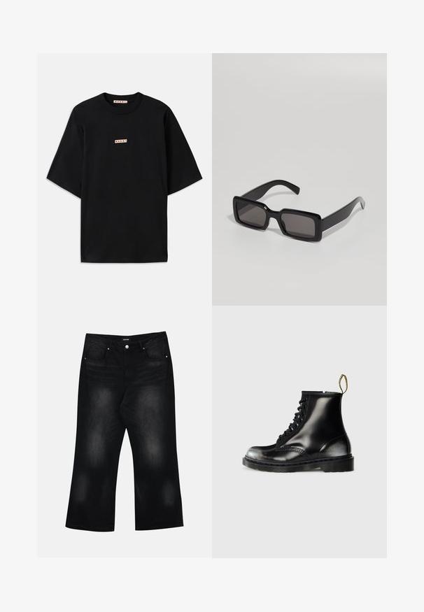 Must värviga lühikese varrukaga t-särk, mis on valmistatud puuvillast. Ümar kaelus ja rinnas on väike logo silt punase kirjaga. Minimalistlik disain.; Mustad laiade säärega teksad, mis on valmistatud denimist, koos kahe esipocketi, peene hägususe ja nupuga sulgemisega vööl.; Mustad mustadest nahast pahkluu saapad läikiva viimistlusega, kaheksa silmust, mustad paelad ja tõmblukk. Omab tekstureeritud tallaga mustrit.; Mustad prillid, millel on ristkülikukujuline raam, paks plastikust konstruktsioon ja tumedad läätsed, millel on siledad pinnad ja ümarad servad.; Musthave musta nailonkott rihmaga, millel on reguleeritav rihm, siledapinnaline tekstuur, eespool tõmblukuga tasku ja logo aktsent.