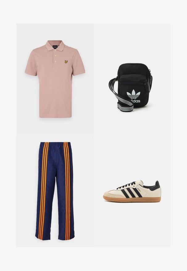Polo majica, svetlo roza, izdelana iz bombaža. Ima zapenjanje na tri gumbe in rumeni vezeni logo na prsih. Kratki rukavi, sproščen kroj.; Nadmornomodre hlače z vzorčasto teksturo po celotni površini, s tremi debelimi oranžnimi črtami ob straneh. Elastičen pas na vrhu.; Bež športna čevlja z črnimi črtami, gumijastim podplatom in črnimi detajli. Imajo gladko usnjeno zgornji del in obliko zaobljenega prsta.; Črna tkaninska torbica čez ramo z zadrgo, ki vsebuje belo Adidasovo logo in pridelano naramnico z več črtami za enostavno nošenje.