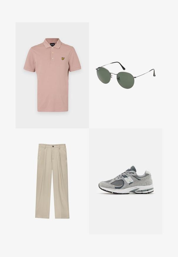 Polo skjorte, lys pink, lavet af bomuld. Har en tre-knaps knaplukning og et gult broderet logo på brystet. Korte ærmer, afslappet pasform.; Beige bukser med lige snit, der har en enkelt sort knap, bæltestropper og sidelommer. Glat stoftekstur og minimalistisk design.; Grå sneaker med mesh og suede materialer, med et hvidt logo, polstret krave og tekstureret gummisål. Accenter i mørkere grå.; Metalrammede solbriller med ovale grønne linser. Tynd sølvmetalramme og sorte ørepropper. Minimalistisk design, ingen synlige logoer.