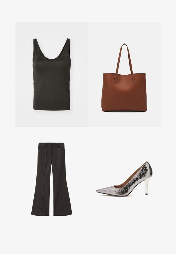 Čierny bezrukávový top s okrúhlym výstrihom, vyrobený z hladkej, elastickej tkaniny. Jednoduchý dizajn s čistými okrajmi, vhodný na vrstvenie.; Čierne rozšírené nohavice s vysokým pásom; majú dve bočné vrecká a hladkú textúru látky. Vhodné na rôzne príležitosti.; Strieborné lodičky na vysokom podpätku vyrobené z umelého materiálu s textúrou krokodílej kože, so špicatou špičkou a elegantným ihlovým podpätkom s čiernym akcentom.; Hnedá kožená taška na rameno s hladkou textúrou, otvoreným vrchom a dvoma ramenými popruhmi. Má minimálne šitia a žiadne viditeľné kovania.