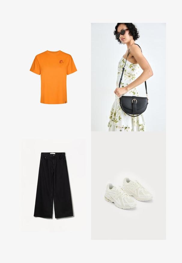 Orange bomulds T-shirt med korte ærmer, rund halsudskæring og et lille lilla logo på venstre bryst. Glat tekstur, afslappet pasform.; Bershka WIDE-LEG - Wide leg - black; Hvide sportssko i mesh og syntetiske materialer, snørebåndsdesign, polstret krave og tekstureret sål for bedre greb. Letvægts konstruktion.; Sort læderhåndtaske med en buet form, aftagelig rem og guldfinish. Tasken har en klap med en spænde detalje.