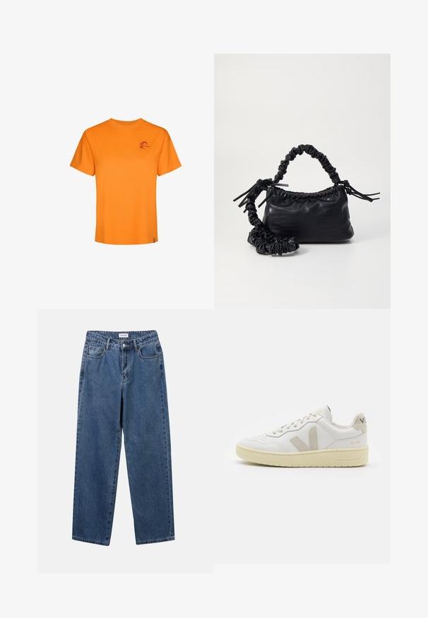 Orange bomullströja med korta ärmar, rundad halsringning och en liten lila logotyp på vänster bröst. Slät textur, avslappnad passform.; Klassiska blå denimjeans med rak benform, fem fickor och knäppning. Har en medelblå tvättning och stadig textur.; Vita lädersneakers med beige mockadetaljer, perforerad tåbox, platta snören och en texturerad krämfärgad sula. Har diskret varumärkning på hälen.; Svart faux läderhandväska med krokodiltextur, snodd topp och en skrämd rem. Ser mjuk och kompakt ut i designen.