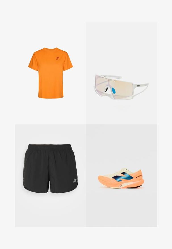 Orange cotton t-shirt with short sleeves, crew neckline, and a small purple logo on the left chest. Smooth texture, casual fit.; Black athletic shorts with an elastic waistband, made of lightweight fabric. Features a small gray logo on the lower right side.; Running shoe with a lightweight cream upper, blue branding, and orange accents on the sole. Mesh texture for breathability.; White-framed sunglasses with large, gradient lenses featuring a pink to light orange tint, accentuated by a blue nose piece and logo detail.
