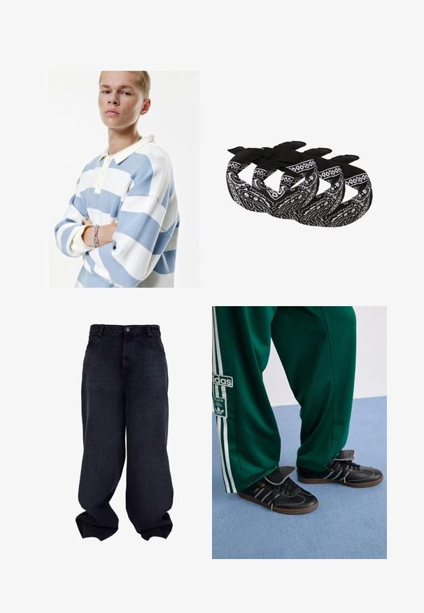 Stribet krave sweater i lyseblå og hvid, med struktureret strik, fire-knaps lukning og ribbede manchetter. Armbånd synligt på håndleddet.; Sorte denim bukser med bred benvidde, glat tekstur, fem lomme-design og knaplukning. Har en afslappet pasform og tapered bund.; Sorte sneakers i tekstureret læder med gummisåler og unikke zigzag-detaljer. Båret sammen med grønne, løst siddende bukser med hvide striber.; Sort og hvide bandanaer med et paisley-mønster, lavet af letvægtsstof med bundet ende til justerbar styling.