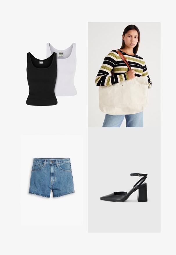 Du mėgstami marškiniai: vieni juodi, kiti balti. Abu turi briaunuotą tekstūrą ir apvalų iškirpimą. Vidinėje pusėje yra etiketės, nurodančios prekės ženklą ir dydį.; Šviesiai mėlyni džinsiniai šortai, turintys penkis kišenes, užtrauktuko užsegimą ir mygtuko uždarymą. Apačia yra nusidėvėjusi, o dizainas yra laisvo pjūvio.; Juoda odinė smailiagalė aukštakulnio bateliai su kulkšnies dirželiu ir storu kulnu. Lygus paviršius, elegantiškas dizainas ir minimalistiška estetinė. ; Didelė smėlio spalvos drobės rankinė su rudomis odinėmis diržais, pasižyminti minimalistiniu dizainu ir matomais siuvinėjimo akcentais.