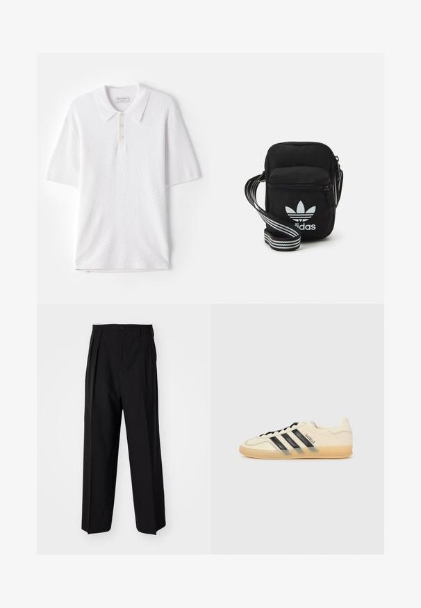 Valge polo särk, millel on tekstureeritud ribakangas, krae ja kolm väikest esist nuppu. Lühikesed varrukad ja sirge alläär.; Mustad volditud püksid sirge ja laia säärega disainiga. Valmistatud siledast kangast, millel on nuppudega sulgemine ja vööaasad.; Kerge kreemjasneaker mustade kolme triibuga disainiga, tekstureeritud ülemine osa, ümar varvas ja kummitald. Omab paelu ja brändimist külgedel.; Mustmust värvi risti koti, millel on tõmblukuga sulgemine, valge Adidas'i logo ja triibuline reguleeritav rihm mugavaks kandmiseks.