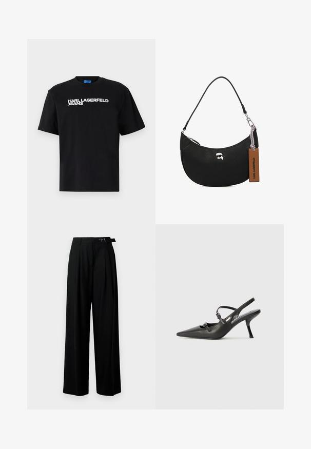 Crna pamučna majica kratkih rukava s natpisom "KARL LAGERFELD JEANS" ispisanim velikim bijelim slovima na prednjoj strani.; Crne široke hlače s visokim strukom, nabranima sprijeda i remenom s kopčom. Izrađene od glatkog, laganog materijala.; Crne kožne štikle sa otvorenom petom, s uskim vrhom i dekorativnom kopčom na gornjem dijelu. Glatka tekstura i elegantan dizajn.; Crna kožna torba s teksturom od šljunka, zakrivljenog oblika, s gornjim zatvaranjem na zip, srebrnim detaljima i smešnim oznakom. Sadrži akcenat logotipa.
