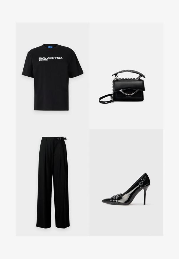 Camiseta de algodón negra con mangas cortas, con "KARL LAGERFELD JEANS" impreso en grandes letras blancas en la parte frontal.; Pantalones de pierna ancha negros con cintura alta, pliegues en la parte delantera y un cinturón con hebilla. Confeccionados con una tela suave y liviana.; Zapato de tacón stiletto de charol negro con punta afilada, tres correas decorativas con tachuelas y la marca "Karl Lagerfeld" en el tacón.; Bolso de mano de cuero negro con un diseño estructurado, acentos de cadena y asa, y una superficie texturizada. Presenta un cierre con solapa con la marca visible.
