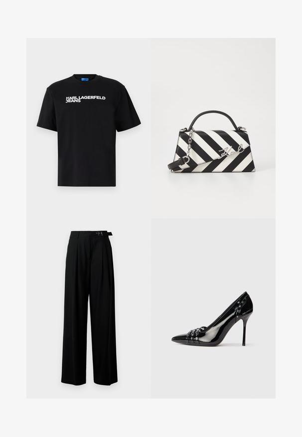 Čierne bavlnené tričko s krátkymi rukávmi, na prednej strane je veľkými bielymi písmenami vytlačený nápis "KARL LAGERFELD JEANS".; Čierne široké nohavice s vysokým pásom, skladmi vpredu a opaskom s prackou. Vyrobené z hladkej, ľahkej textílie.; Čierne lakované lodičky na ihlovom opätku so špicatou špičkou, tromi dekoratívnymi pruhmi s cvočkami a značkou "Karl Lagerfeld" na opätku.; Čierno-bielo pruhovaná kabelka so štruktúrovaným tvarom, obsahujúca hornú rúčku, odnímateľný reťazový popruh a kovový logo akcent.
