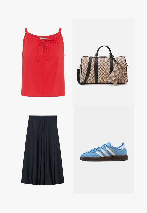 Top roșu fără mâneci, cu o deschidere în formă de cheiță și detaliu legat la gât. Fabricat dintr-un material neted, cu o croială lejeră și fără alte ornamente.; Top galben fără mâneci, cu un finisaj texturat și un detaliu de plisare pe lateral. Material moale și o croială lejeră, având un tiv drept.; Fustă neagră, până la genunchi, fabricată dintr-un material ușor, cu un design fluid. Prezintă o textură netedă și pliseuri subtile pentru un detaliu suplimentar.; Adidași din suede albastru deschis cu dungi de piele albă, talpă texturată maro și detalii cu logo auriu. Design low-top cu vârf rotunjit.; Geantă tip duffle cu un exterior modelat bej, curele din piele neagră, accesorii aurii și un mic pouch asortat atașat. Design structurat.; Ceas de mână rectangular cu nuanță aurie, cu un cadran alb, marcaje argintii pentru ore și o brățară din linkuri metalice durabile. Include caracteristica de rezistență la apă.