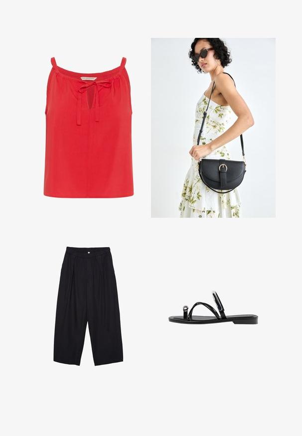 Rotes ärmelloses Oberteil mit einem Schlüsselloch-Ausschnitt und gebundenem Detail am Hals. Hergestellt aus glattem Stoff mit einer lockeren Passform und ohne zusätzliche Verzierungen.; Schwarze Polyester-Culotte mit einem elastischen Bund, zwei vorderen Falten und einer lockeren Silhouette. Keine sichtbaren Muster oder Hardware-Details.; Schwarze flache Sandalen mit glänzender Oberfläche, drei dünnen Riemen und einem runden Hardware-Detail an den Zehen. Elegantes Design mit einem minimalen Absatz.; Schwarze Lederhandtasche mit geschwungener Form, abnehmbarem Tragegurt und goldenen Beschlägen. Die Tasche verfügt über einen Deckel mit einer Schnallen-Details.