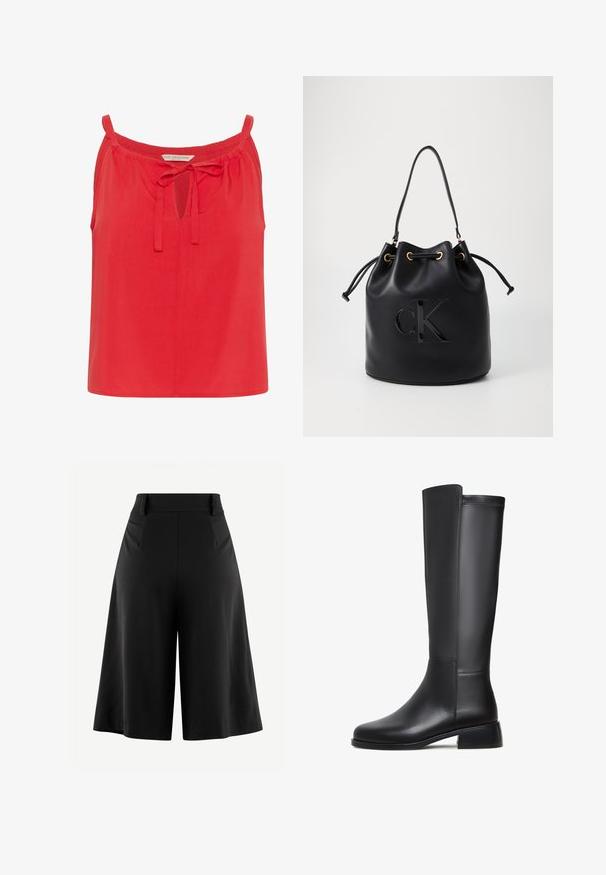 Rød ærmeløs top med en nøglehulsåbning og knyttet detalje ved halsen. Lavet af glat stof med en afslappet pasform og ingen yderligere udsmykninger.; Sorte bukser med bred benvidde, plisseret front, høj talje og glat stoftekstur. Har et rent, minimalistisk design uden synlig hardware.; Sorte læderknæhøje støvler med en glat tekstur, rund tå, lav blokhæl og diskret syning langs siden.; Sort læder bucket bag med snørelukning, der har et glosseret "CK" logo foran og hardware accenter i guld-tone.