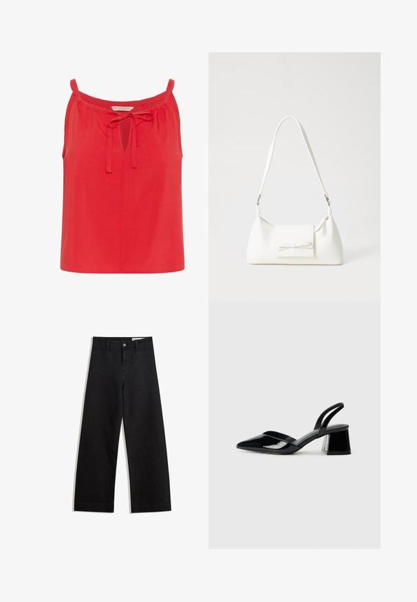 Röd ärmlös topp med nyckelhålsöppning och knytdetalj vid halsen. Gjord av ett smidigt tyg med en avslappnad passform och inga ytterligare utsmyckningar.; Svarta vida denimbyxor med hög midja, med fram- och bakfickor, sydda sömmar och knappstängning. Slät textur.; Svarta lackläder slingback klackar med spetsig tå och geometrisk klack. Har en elegant, minimalistisk design och slät yta.; Vit syntetisk handväska med triangulär form, platt framklaff och rosettdetalj, justerbar rem, slät textur och minimalistisk design.