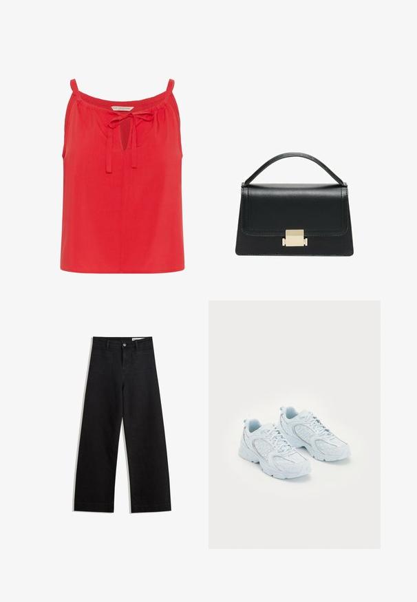 Top rosso senza maniche con un'apertura a chiave e dettaglio annodato al collo. Realizzato in tessuto morbido con una vestibilità rilassata e senza ulteriori decorazioni.; Pantaloni in denim neri a gamba larga con vita alta, dotati di tasche anteriori e posteriori, cuciture a punto, e chiusura con bottone. Texture liscia.; Scarpe da ginnastica di colore azzurro chiaro con una tomaia in rete e sintetico, caratterizzate da pois bianchi e dettagli riflettenti, design con lacci e suole imbottite.; Borsa a tracolla in pelle nera con design strutturato, manico superiore e dettaglio in metallo dorato sulla parte frontale. Texture liscia, cuciture minime.