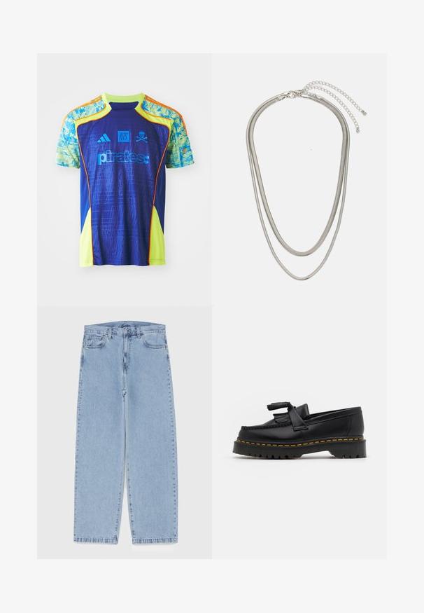 adidas Performance ORLANDO PIRATES X NTS UBP JERSEY - Nogometni dres - mystery ink/unity orange/bluebird/semi solar yellow; Svijetloplave traperice s ravnim nogavicama, sa srednjim strukom, pet džepova i zatvaranjem na dugme i patentni zatvarač.; Crna kožna loaferica s resicama, koja ima čvrst crni potplat i žute šavove duž ruba. Teksturirana završna obrada.; Necklace od tri sloja srebrnog metala s elegantnim, fleksibilnim lančićima blagog sjaja, zatvoren s karabinera i prilagodljivim lančićem.